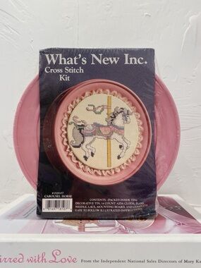 Vintage NIB Horse Carousel Cross Stitch Craft Kit with Pink Decorative Tin